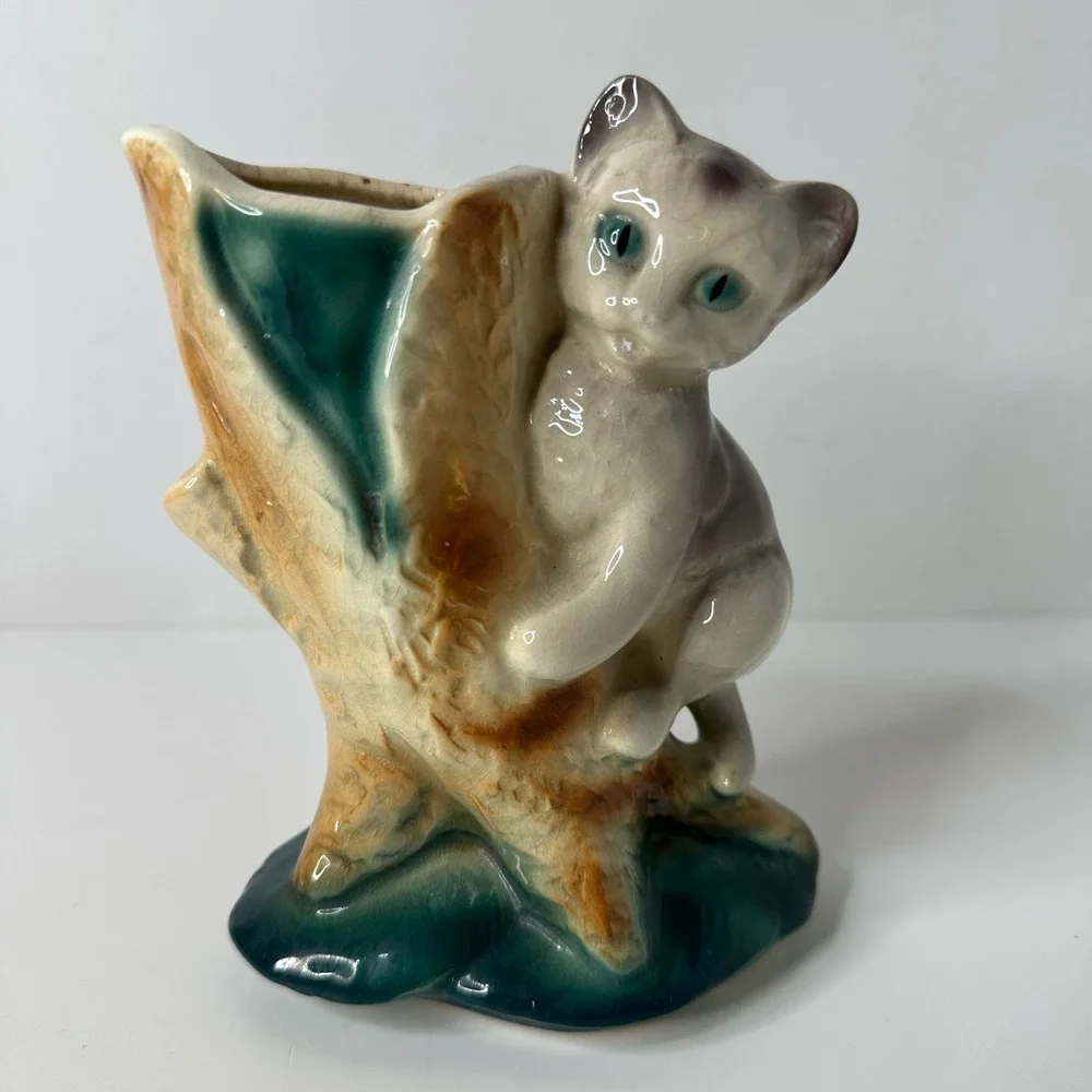 Vintage Ceramic Kitten Cat Tree Stump Planter Vase Hand Painted Royal Copley?